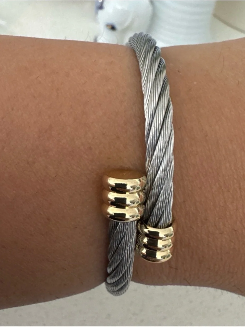 Twisted Steel Cable Cuff Bracelet with Gold Accents - Women's Jewelry
